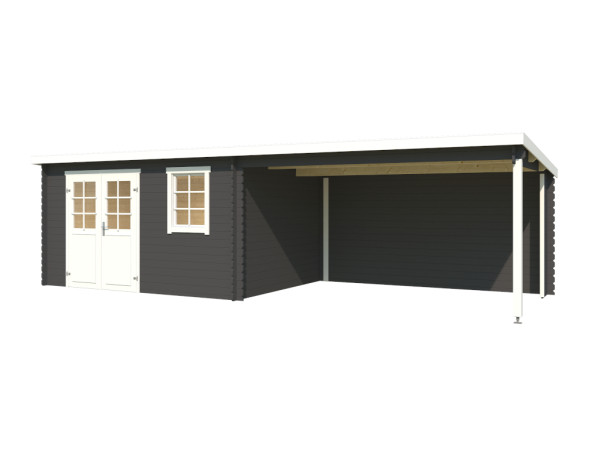 Blokhut Aida 800 28 mm carbongrijs met 3,8 m aanbouw