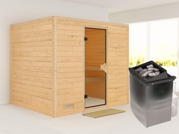 Massieve sauna Sonara kompleet transparente gebronsde glazen deur, incl. 9 kW kachel int. besturing