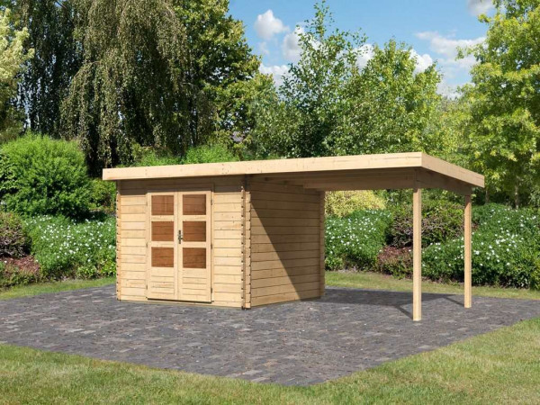 Tuinhuisje SET Bastrup 5 28 mm blokhut, natuurlijke afwerking, incl. 3 m overstekend dak