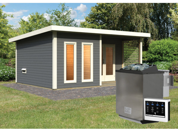 Saunahuis Mainburg 5 terragrijs 38 mm incl. Bio-Combi-kachel 9 kW + ext. besturing