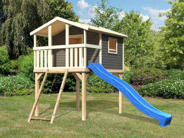 Benjamin terra grijs speelhuis set incl. blauwe glijbaan en netglijbaan