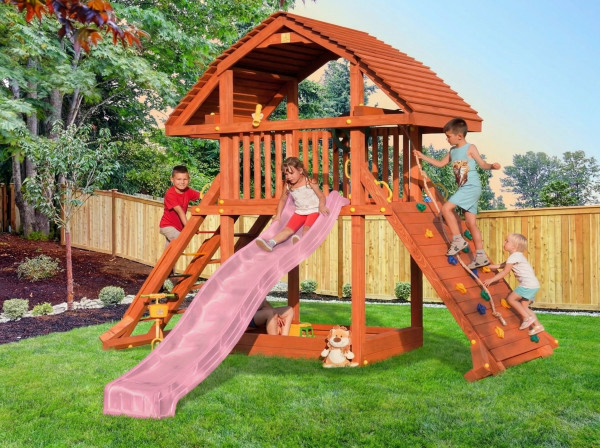 Speeltoren Giant teakkleurig incl. glijbaan roze