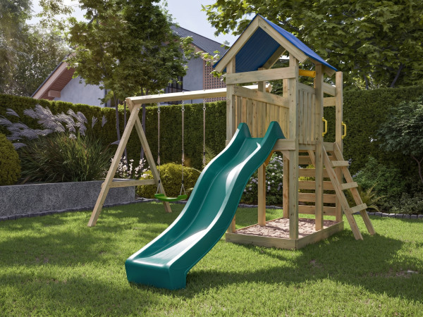 Geïmpregneerde houten speeltoren Speedy incl. dubbele schommel en turquoise glijbaan met groene scho