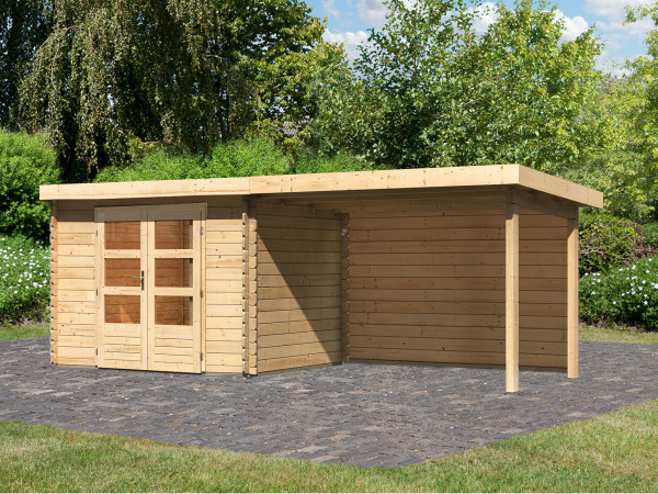 Blokhut tuinhuis Bastrup 3 28 mm natuurlijke afwerking, incl. 3 m verlenging dak + achterwand