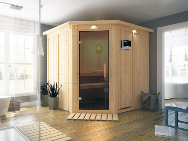 Systeemsauna Jarin met dakkraag, grafiet glazen deur, incl. 9 kW Bio-Combi-kachel ext. besturing