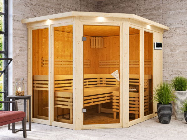 Sauna Ainur met gebronsde glazen deur en dakkraag + 9 kW Bio-Combi-kachel met ext. besturing