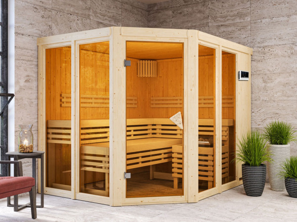 Sauna Ainur met gebronsde glazen deur + 9 kW saunakachel ext. besturing