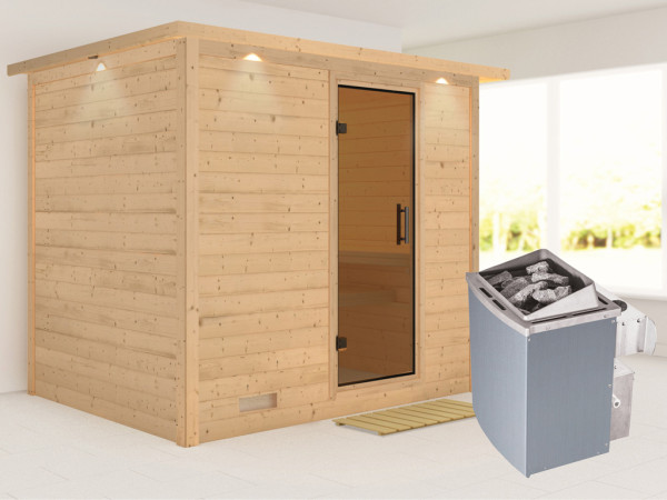 Massieve sauna Sonara met dakkraag, grafiet glazen deur, incl. 9 kW saunakachel int. besturing