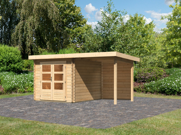 berging blokhut SET Bastrup 4 28 mm natuurlijke afwerking, incl. 2 m verlenging dak + achterwand