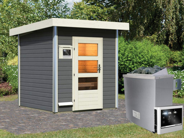 Saunahaus Torge grijs met transparente glazen deur, incl. 9 kW saunakachel met ext. besturing