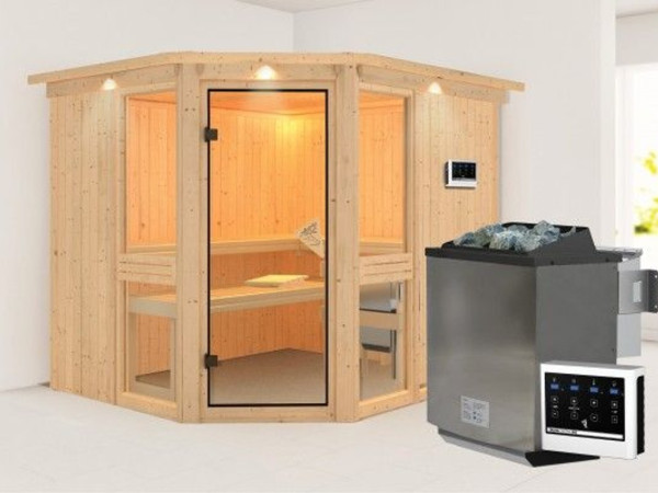 Systeemsauna Amelia 3 met dakkraag, incl. 9 kW Bio-Combi-kachel ext. besturing