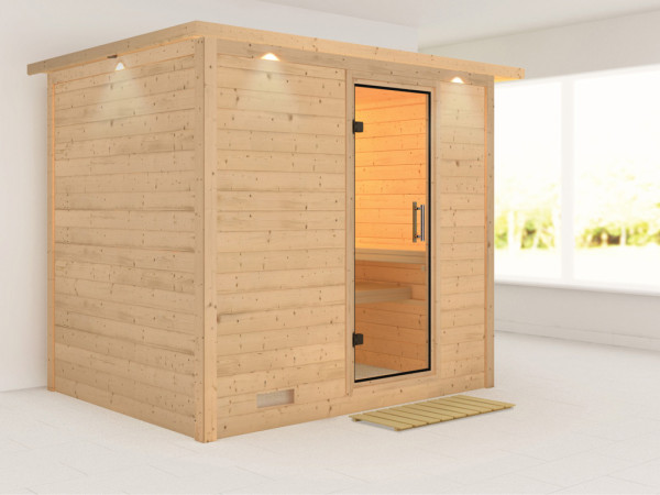Massieve sauna Sonara met dakkraag, transparent glazen deur