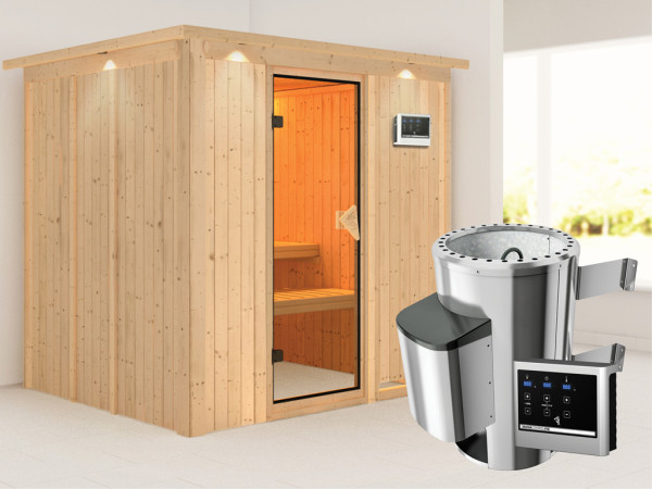 Systeemsauna Daria met dakkraag, incl. Plug & Play saunakachel externe besturing