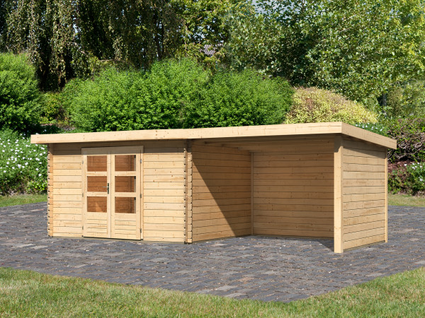 Tuinhuisje blokhut SET Bastrup 7 28 mm natuurlijke afwerking, incl. 3 m aanbouwdak + zij--achterwand