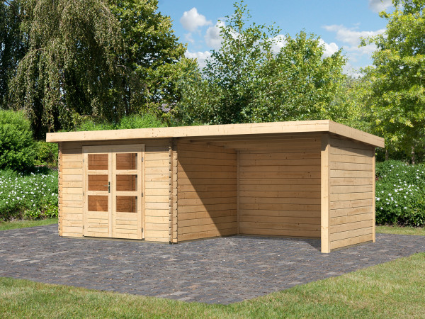 Tuinhuisje blokhut SET Bastrup 5 28 mm natuurlijke afwerking, incl. 3 m aangebouwd dak