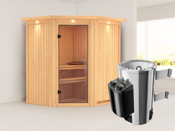 Systeemsauna Tonja met dakkraag, transparent glazen deur + Plug & Play saunakachel met besturing