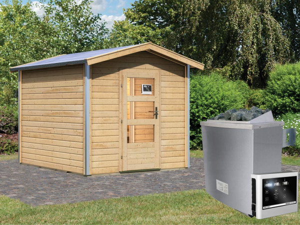 Saunahuis Bosse 1 met transparente glazen deur & voorkamer, incl. 9kW saunakachel met ext. besturing