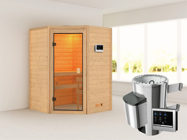 Sauna Antonia met gebronsde glazen deur + 3,6 kW Plug & Play saunakachel ext. besturing