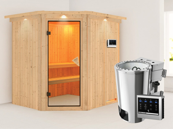 Systeemsauna Lilja met dakkraag, incl. Plug & Play Bio-kachel externe besturing