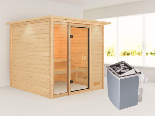Sauna Jutta met gebronsde glazen deur en dakkraag + 9 kW saunakachel int. besturing