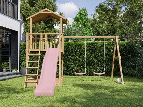 Geïmpregneerde speeltoren Tilly Classic met dubbele schommel incl. pastel-roze glijbaan en schommelz