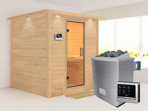 Massieve sauna Mojave met dakkraag, transparent glazen deur + 9 kW saunakachel met ext.besturing