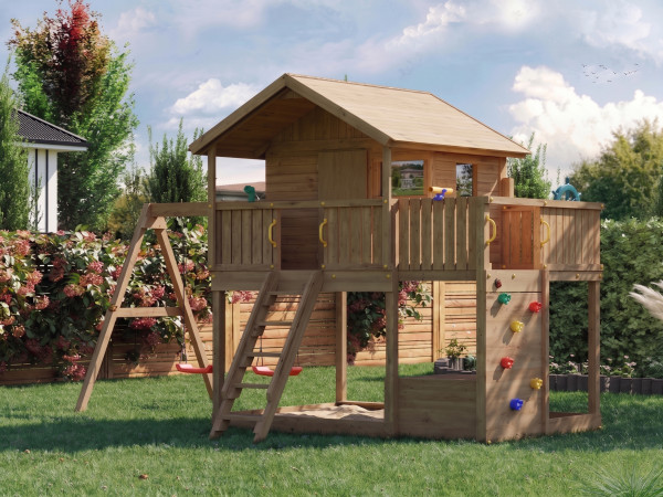 De afbeelding toont een huis op palen inclusief glijbaan - beschikbaar als optie.