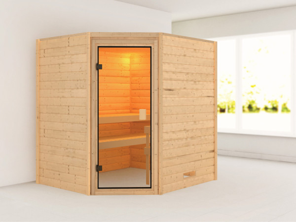 Massieve sauna Mia kompleet transparente gebronsde glazen deur
