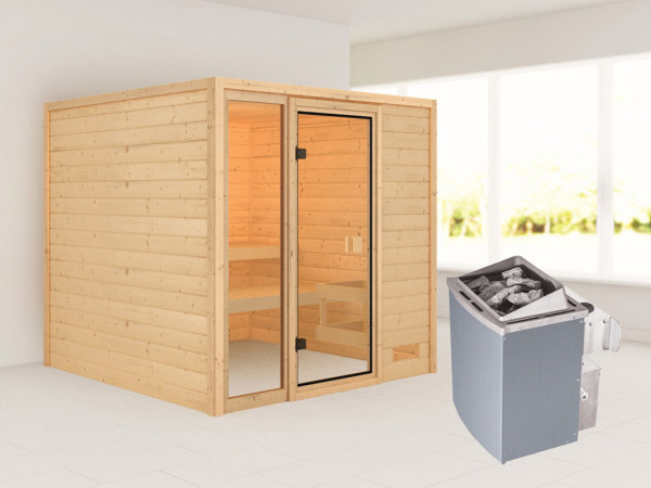 Sauna Jutta met gebronsde glazen deur + 9 kW saunakachel int. besturing