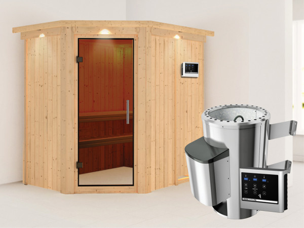 Systeemsauna Saja met dakkraag, grafiet glazen deur + Plug & Play saunakachel met ext. besturing