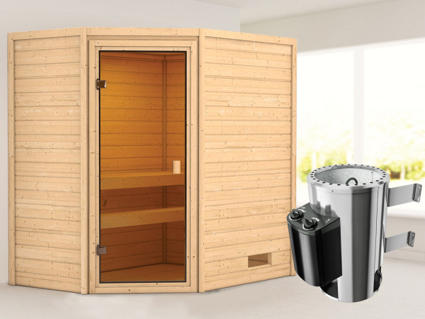 Sauna Jella met gebronsde glazen deur + 3,6 kW Plug & Play saunakachel int. besturing