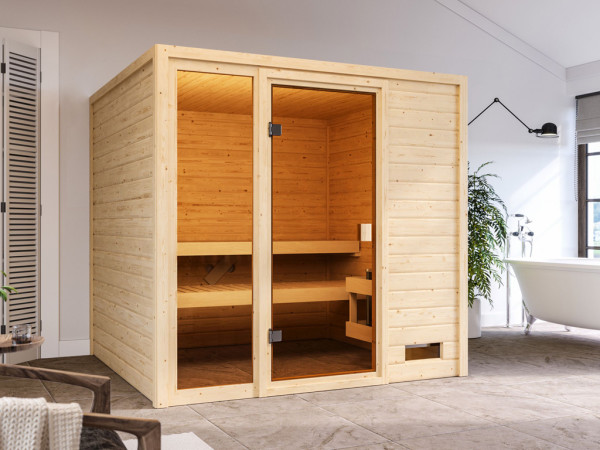 Massieve sauna Jutta, met bronzierter glazen deur