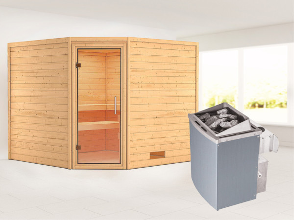 Massieve sauna Leona transparent glazen deur + 9 kW saunakachel met besturing