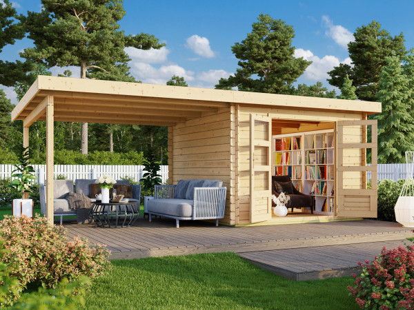 Tuinhuisje SET Bastrup 5 28 mm blokhut, natuurlijke afwerking, incl. 3 m overstekend dak
