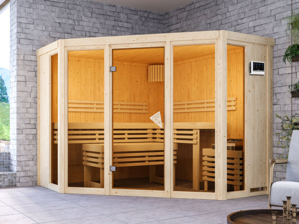 Sauna Alcinda met gebronsde glazen deur + 9 kW Bio-Combi-kachel met ext. besturing