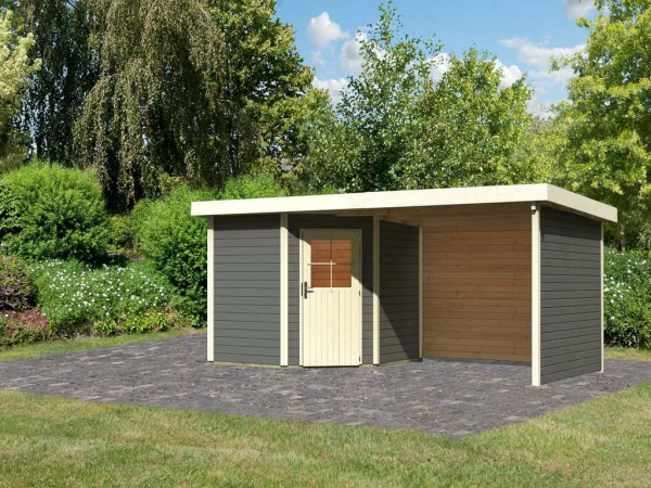 Tuinhuisje SET Neuruppin 2 28 mm terra grijs, incl. 3,2 m aanbouwdak + zij- en achterwand