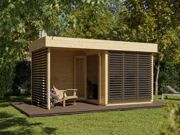 Tuinhuis Homeoffice Ivar 28 mm naturel met 264 cm aanbouw