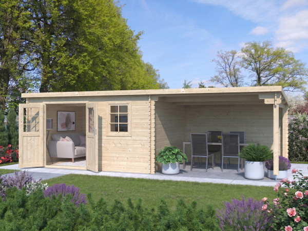 Tuinhuis blokhut CA2987 28 mm onbehandeld met 3 m aanbouw