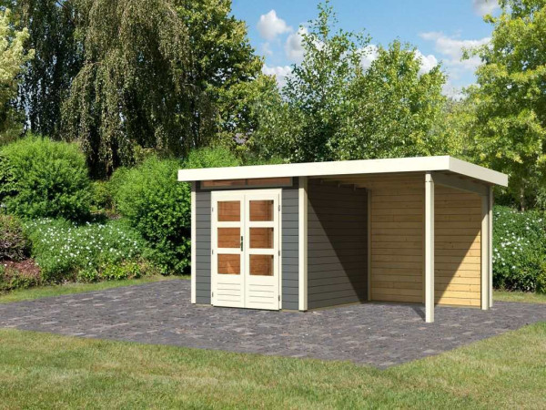 Tuinhuis SET Kandern 3 28 mm terra grijs, incl. 2,6 m aanbouwdak + achterwand