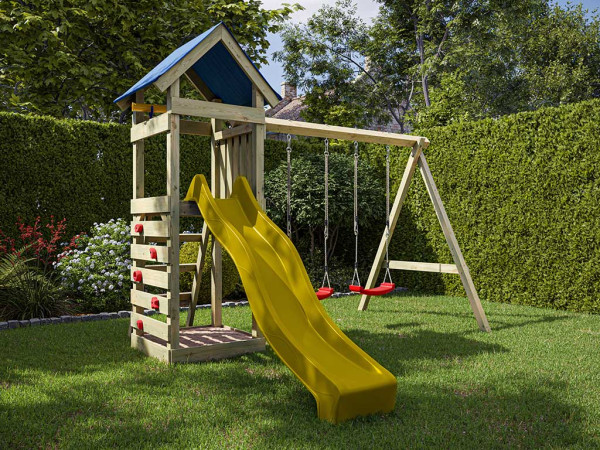 Geïmpregneerde houten speeltoren Easy incl. dubbele schommel incl. gele glijbaan + rode schommelzitj