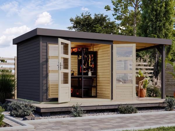 Tuinhuis Baraya 3,5 19 mm terragrijs incl. 2,4 m aanbouwdak