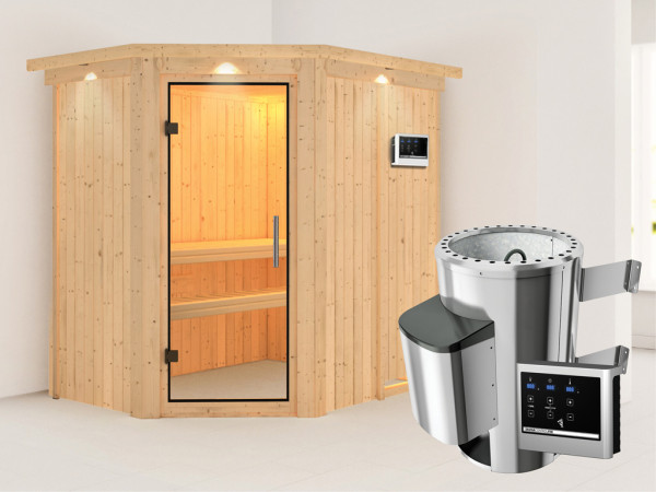 Systeemsauna Saja met dakkraag, transparent glazen deur + Plug & Play saunakachel met ext. besturing