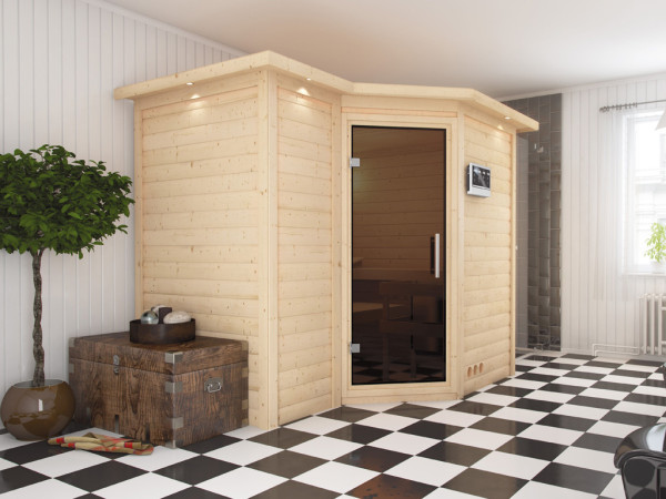 Massieve sauna Sahib 2 met dakkraag, grafiet glazen deur, incl. 9 kW Bio-kachel ext. besturing