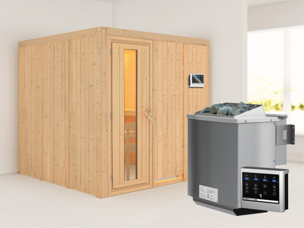 Systeemsauna Rodin houten deur met geïsoleerd glas, incl. 9 kW Bio-Combi-kachel ext. besturing