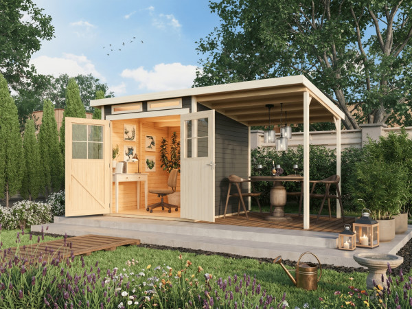 Tuinhuis Glücksberg 3 19 mm terragrijs incl. 1,9 m aanbouwdak