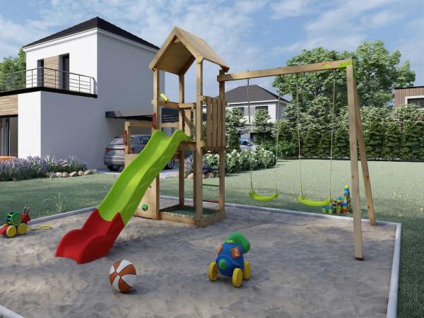 Speeltoren Ultra Xplorer incl. dubbele schommel + glijbaan groen-rood