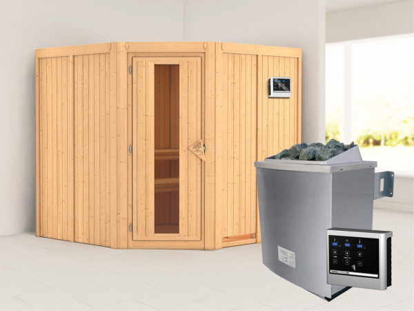 Systeemsauna Jarin houten deur met geïsoleerd glas, incl. 9 kW saunakachel ext. besturing