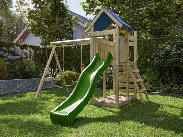 Geïmpregneerde houten speeltoren Speedy incl. dubbele schommel incl. groene glijbaan + groene schomm