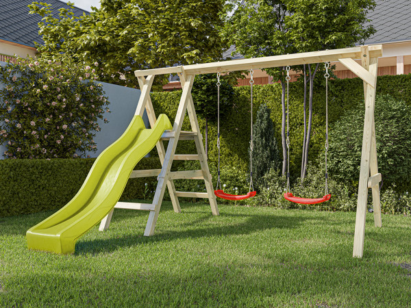 Dubbele schommel met platform Cosy Double KDI incl. glijbaan geel + 2 schommelzitjes rood