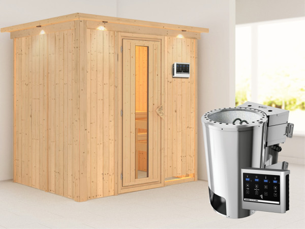 Systeemsauna Fanja met dakkraag, energiebesparende deur, Plug & Play Bio-kachel met ext. besturing